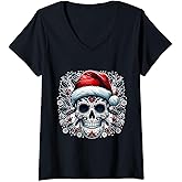 Merry Christmas Sugar Skull Santa Hat Family Xmas V-Neck T-Shirt