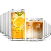 INSETLAN 12-Piece Ribbed Glassware - 6 Highball Glasses 12 oz, 6 Rocks Glass Cups 14 oz, Vintage Cocktail Drinking Glasses, I