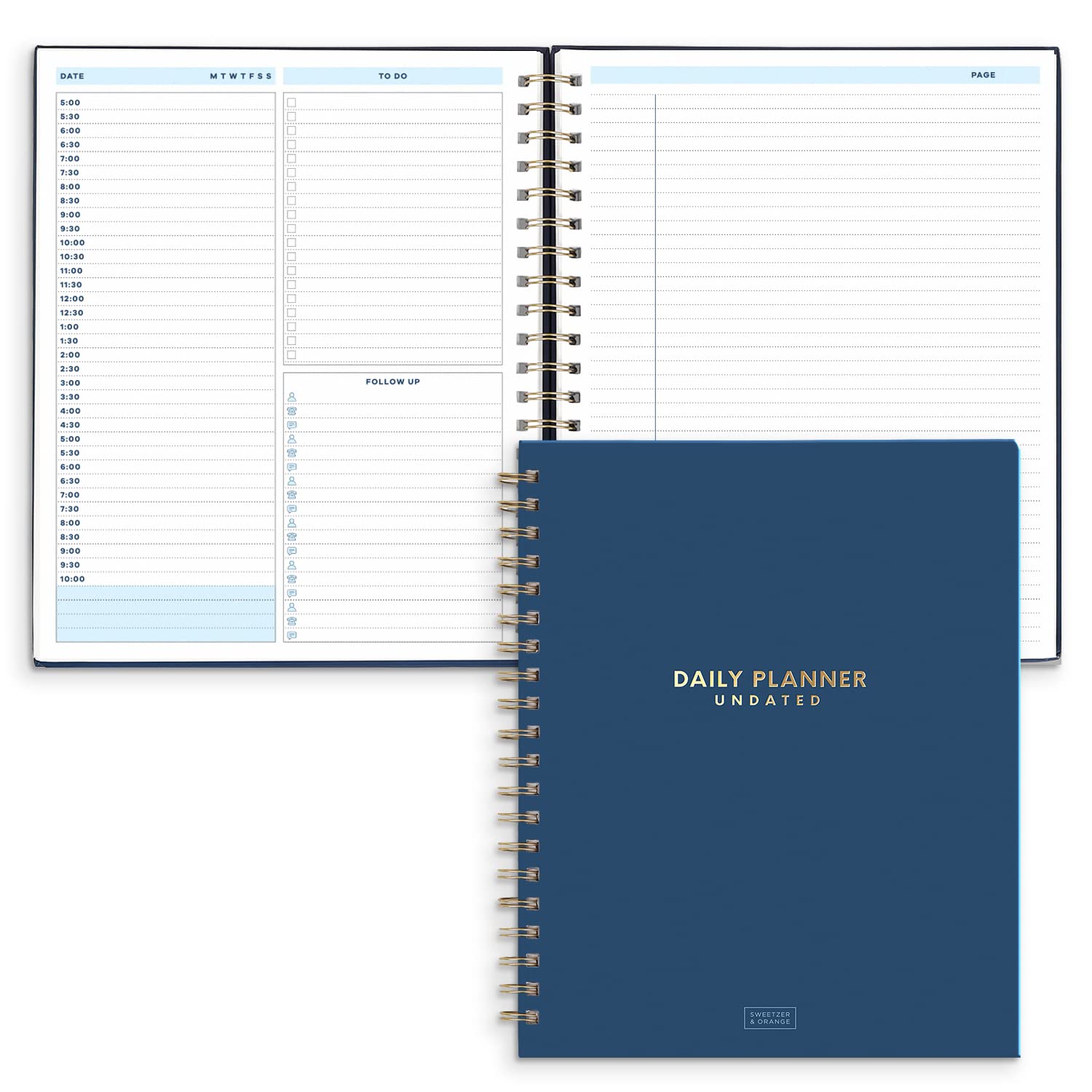 Sweetzer & Orange Undated Daily Planner for Ultimate Organization - 9x10.75'' Spiral with Hourly Schedule-Daily Notebook- To Do List Planner- Work Organizer 200 Pages