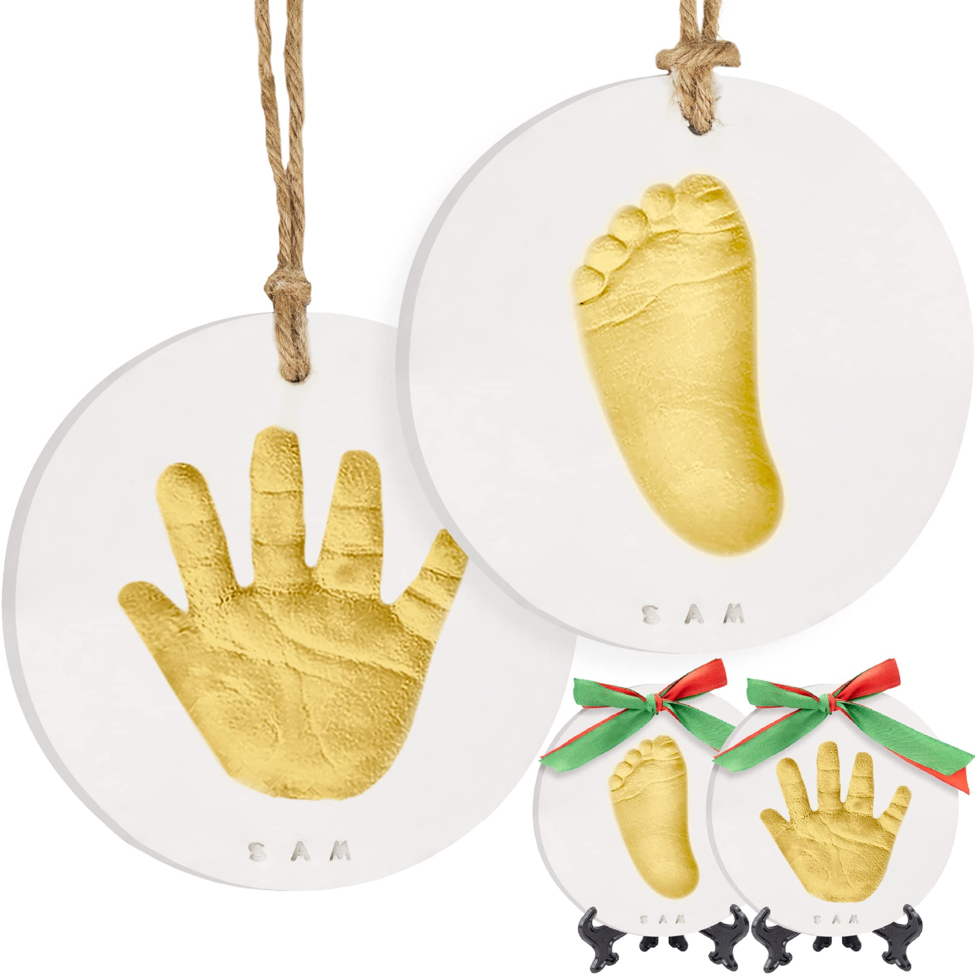 Baby Hand and Footprint Kit Girls, Boys - Personalized Baby Footprint Ornament Kit, Newborn Keepsake Gifts for New Mom, Easy to Use Handprint Makers, Cute Shower Gifts (Gold Paint, Cherish)