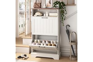 WINWY Shoe Storage Cabinet with 2 Flip Drawers, 24" W Farmhouse Modern Hidden Shoes Rack Cabinet with Adjustable Shelves & Open Storage, Narrow Slim Shoe Organizer for Entryway, Hallway, Antique White