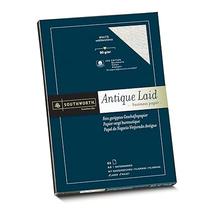 Southworth 90070 Fein geripptes Papier mit 25% Baumwolle, DIN A4, weiß, mit Wasserzeichen 90g/qm, 80 Blatt im Karton