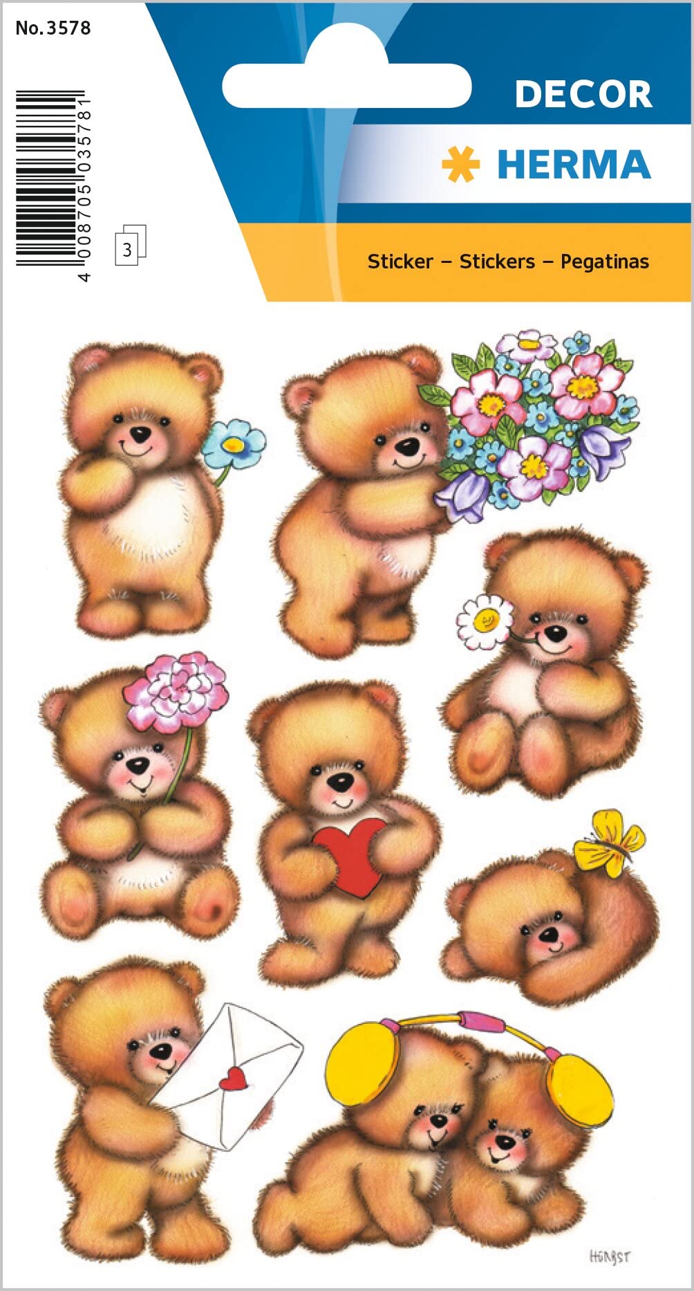 Sticker, decorative label, Decor Bears with flowers, 3 sheet, 1 pack