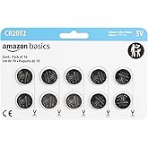 Amazon Basics 10-Pack CR2032 Lithium Coin Cell Battery, Compatible with AirTag, 3 Volt, Long Lasting Power, Mercury-Free