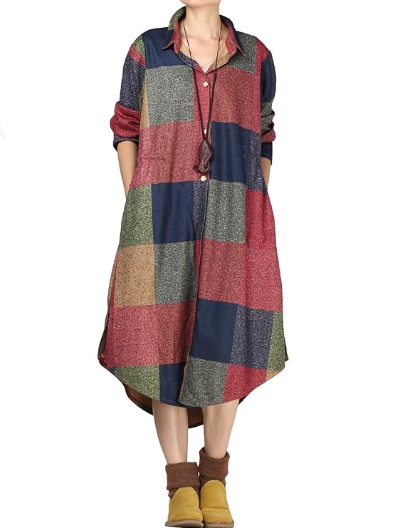 Vogstyle Damen Shirtkleider Langarm Bluse Vintage Bedruckte Strickjacke