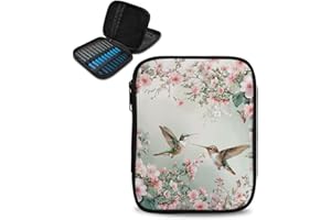 Hechitok Hummingbird Flower Crochet Hook Case, Zipper Storage Organizer Bag with Web Pockets for Crochet Needles/Knitting Accessories/Crochet Hook Kit Tools Easy to Hold