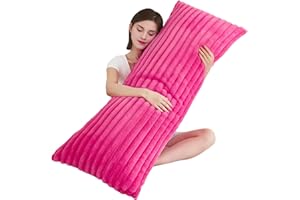 Memfydu Full Body Pillow with Fluffy Stripe Faux Fur Removable Cover, Long Bed Pillow Adult 20x54 Inches for Side Sleeper and Pregnancy, Hot Pink.