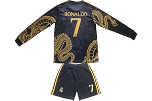CEKFAX Madrid Ronaldo #7 Special Gold Black Dragon Edition Long Sleeve Football Soccer Kids Jersey Shorts Set Youth Sizes