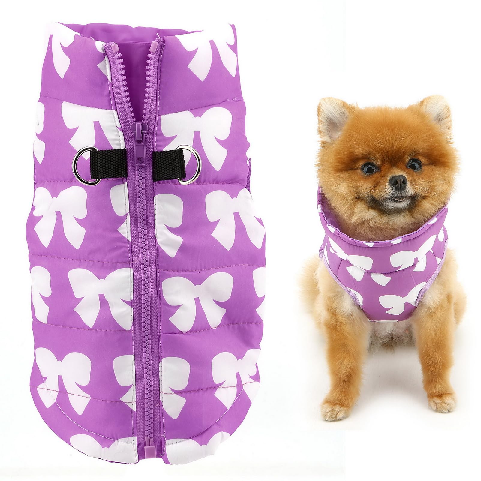 SMALLLEE_LUCKY_STORE Pet Water Resistant Winter Jacket Vest with D-ring for Small Dog Cat Zip-up Padded Puppy Coat Chihuahua Yorkie Kitten Warm Clothes, Purple, XS — image 1