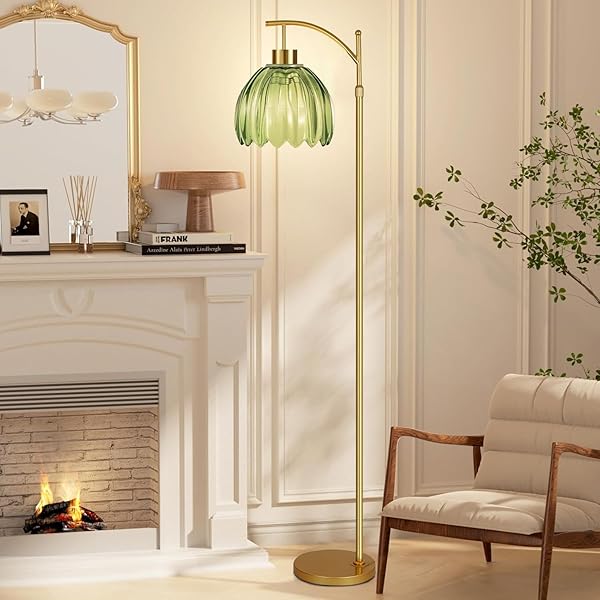 QIYIZM GREEN FLOOR LAMP FOR LIVING ROOM,BEDROOM,GOLD DIMMABLE STANDING LAMP WITH REMOTE,MID CENTURY MODERN BRASS TALL LAMP BOHO FLOOR LAMPS ARC STAINED GLASS FLOWER LIGHT BOHEMIAN