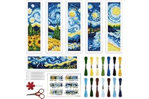 ORIGACH 6 Pcs Cross Stitch Bookmark Kit for Beginner Adults, Swirling Night Sky Stamped Embroidery Bookmark Kit with Instruct