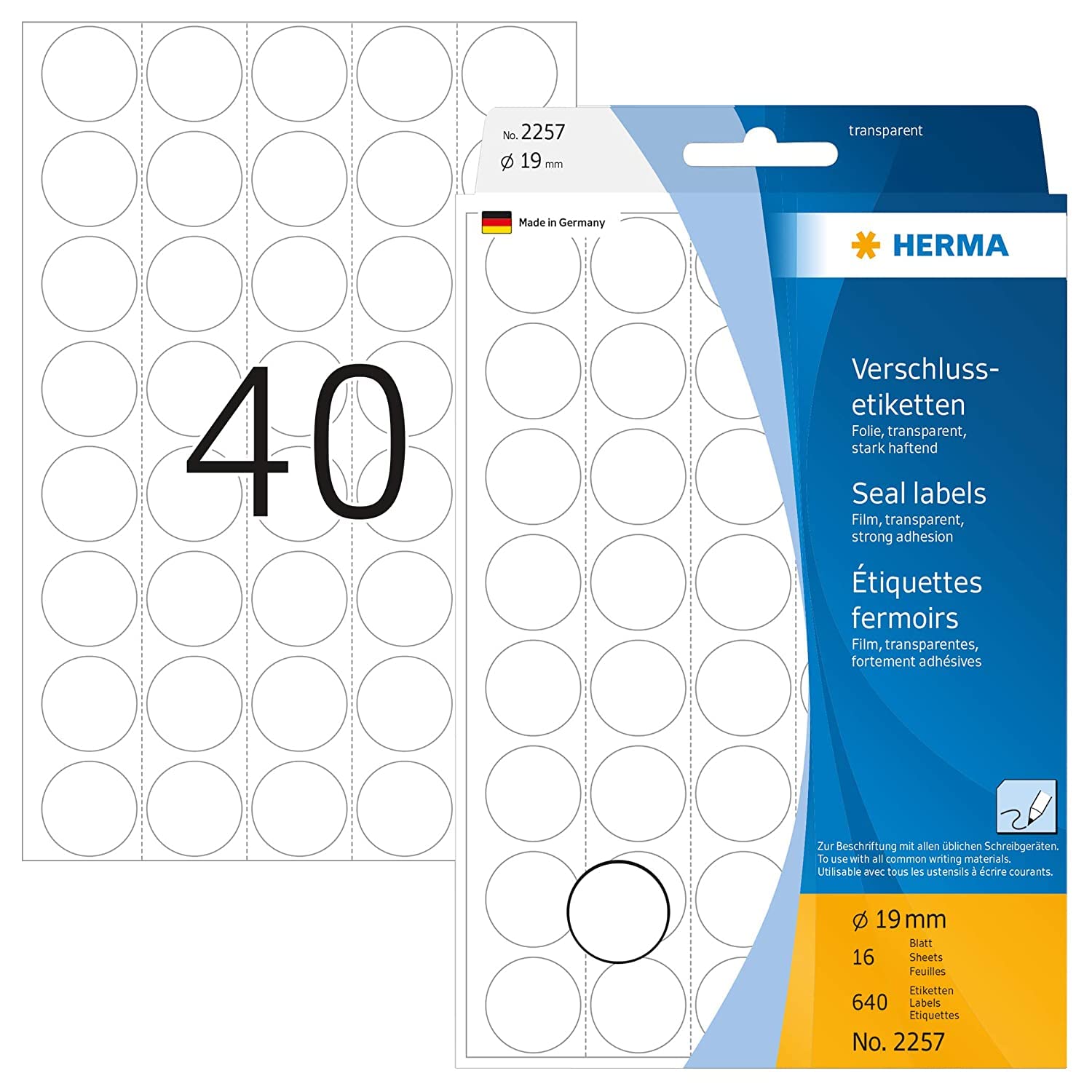 HERMA Clear Seal Stickers, 640 Labels, Ø 19 mm, 40 Labels per Sheet, Self Adhesive Round Sealing Stickers, Blank Sticky Dots for Mail Envelopes Boxes Gift Packaging, Transparent