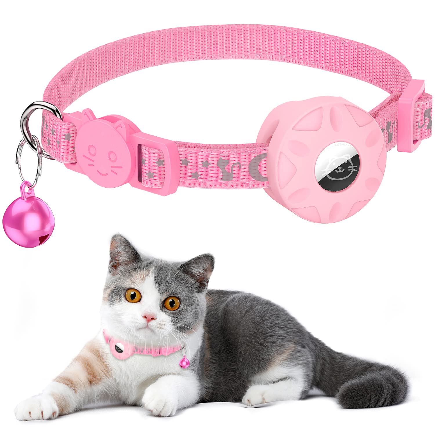 Reflective Cat Collar with Safety Buckle and Waterproof AirTag Holder - 3/8" Width, Compatible with Apple AirTag for Cats, Dogs, Kittens & Puppies (Pink)