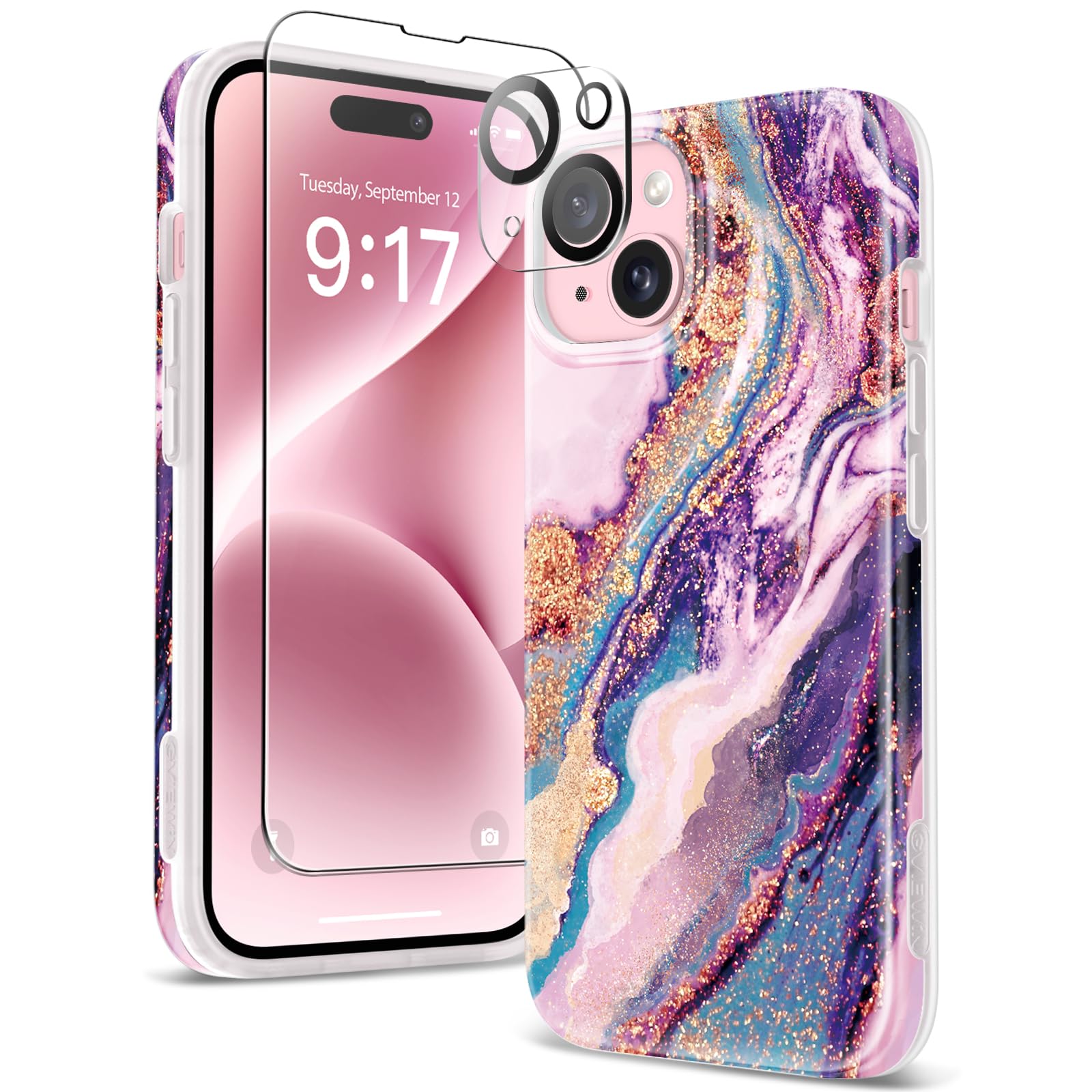 Photo 1 of GVIEWIN Marble for iPhone 15 Case, with Screen Protector & Camera Lens Protector, [10FT Military Grade Drop Protection] Slim TPU Phone Case Cover Women for iPhone 15 6.1" 2023 (Dreamland River/Purple)
