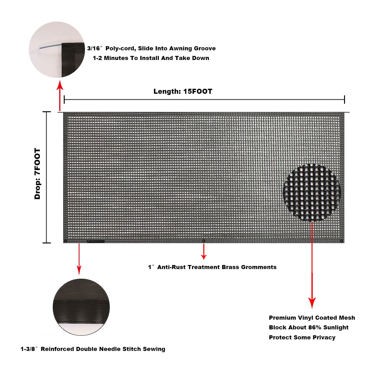 Amazoncom Tentproinc RV Awning Sun Shade 7x15 Black Mesh Screen