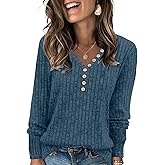 Womens Henley Knit Sweaters 2025 Fall Winter Deep V Neck Long Sleeve Button Pullover Casual Tops