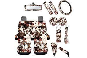 FUIBENG Set of 14 Car Seat Covers Full Set Southwestern Tribal Cow Car Seat Covers Brown Steering Wheel Cover Coasters Keychain Mirror Cover,Auto Interior Accessory Protector