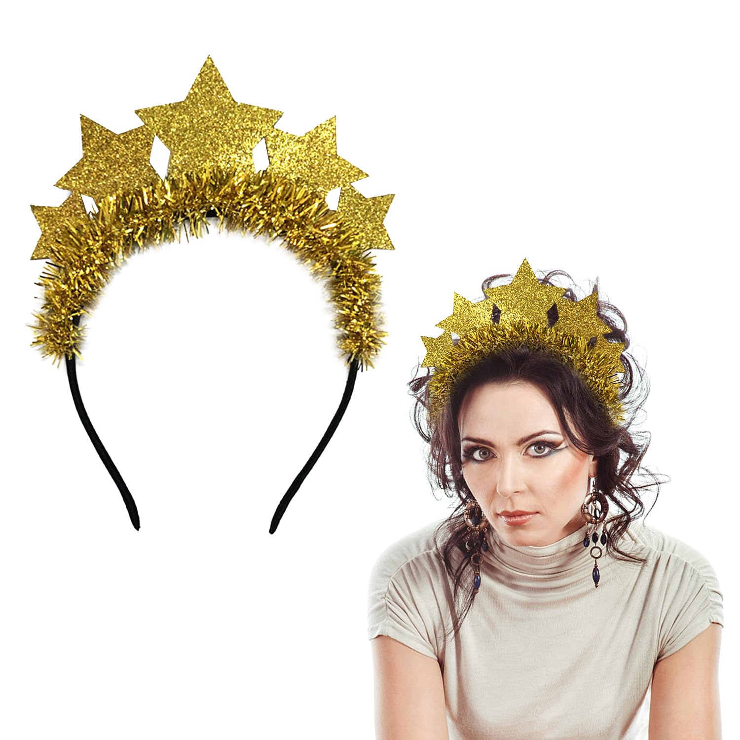 Bohue Glitter Star Shaped Headband Golden Headband Plastic Headbands Plastic and Metal Xmas Headbands for Costume Festival Party Decorations Party Headwear