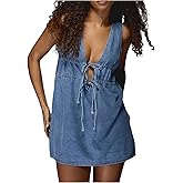 SHENHE Women's Deep V Neck Tie Bow Sleeveless Denim Mini Dress Summer Casual Jean Tank Dresses