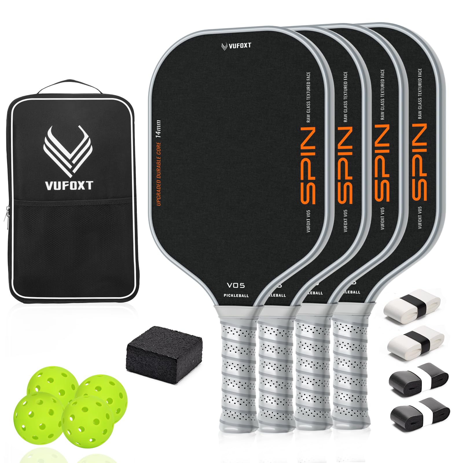 Photo 1 of Pickleball Paddles Set of 4, Lightweight Raw Carbon and Glass Fiber Surface Pickleball Racket Set with 14mm PP Honeycomb Core, USAPA Compliant, 4 Pickle Balls, 4 Tapes, 1Bag, 1 Paddle Cleaner