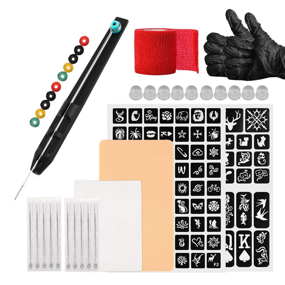 ATOMUS Tattoo Stick and Poke DIY Set - 2pcs Hand Poke Pen, 10pcs Ink Cups, 5pcs 3RL & 5RL Needles, Small Pattern Stencil, Red Bandages (Black)
