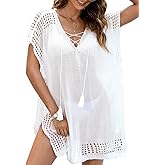 ChiaoLezhee Women's Tassels Swimsuit Cover Up, Soft Crochet Knit Batwing-Sleeve Boho Beach Dress, Fits 0-18