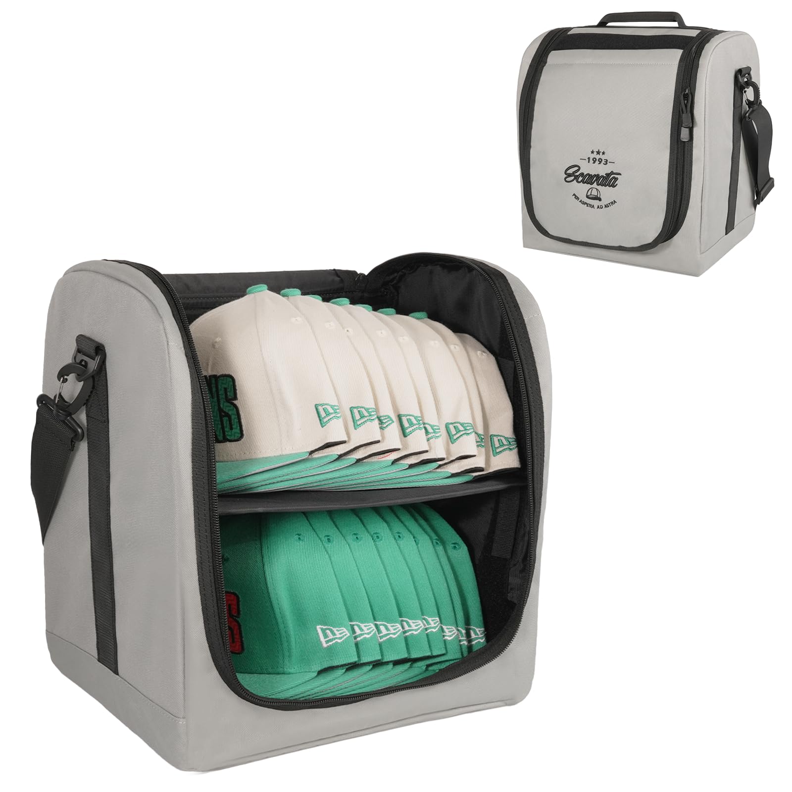 Photo 1 of SCAVATA Large Hat Bag for Baseball Caps, Hat Organizer Bag for Traveling & Moving, Storing Snapback Cap, Portable Hat Carrier Holder Case for 12-16 Caps (Grey)