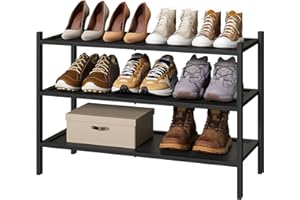 kiplant 3-Tier Black Bamboo Shoe Rack for Entryway, Stackable | Foldable | Natural, Shoe Organizer for Hallway Closet, Free Standing Shoe Racks for Indoor Outdoor