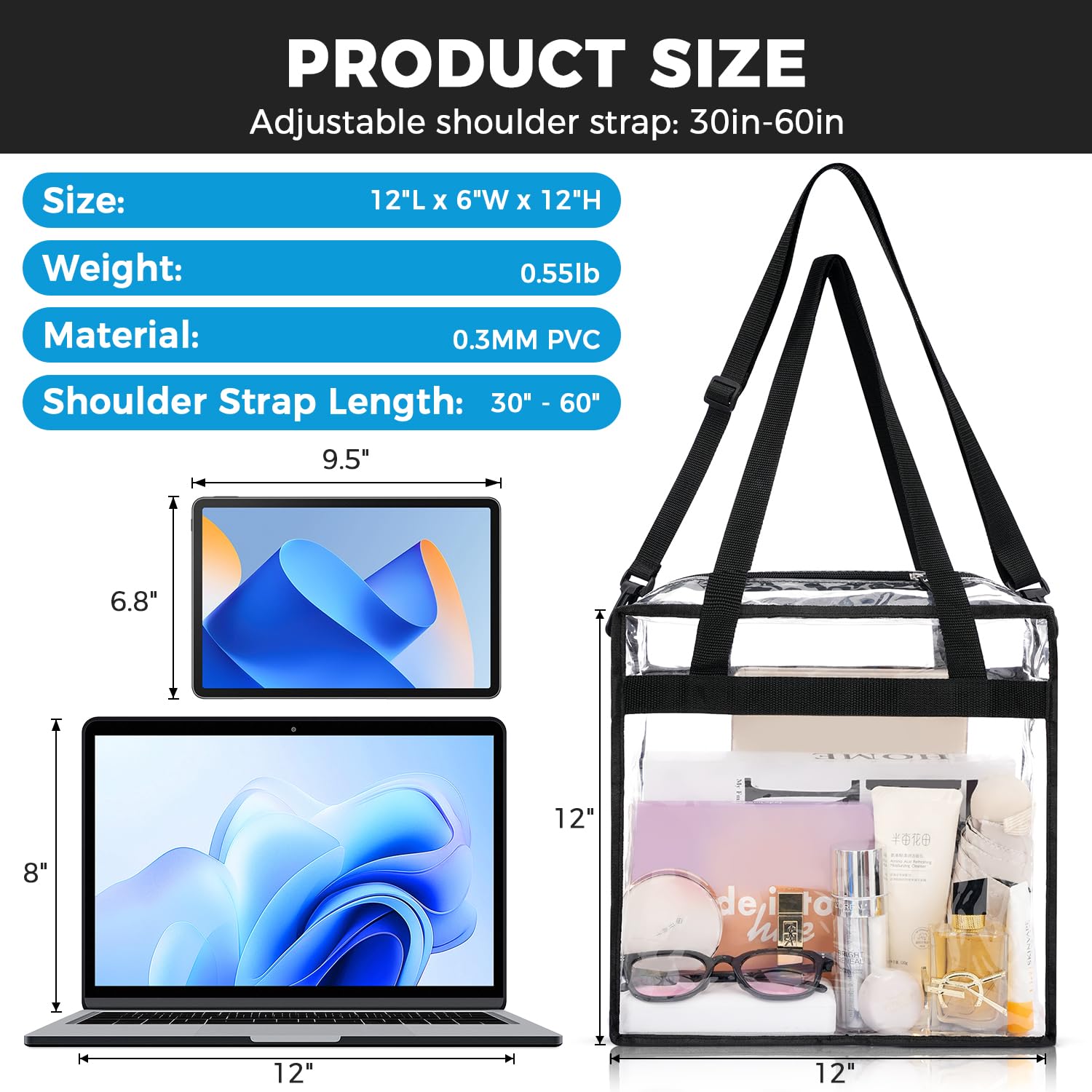 BAGAIL Clear Bags 12x6x12 Stadium Approved Clear Tote Bag with Zipper Closure Crossbody Shoulder Bag with Adjustable Strap