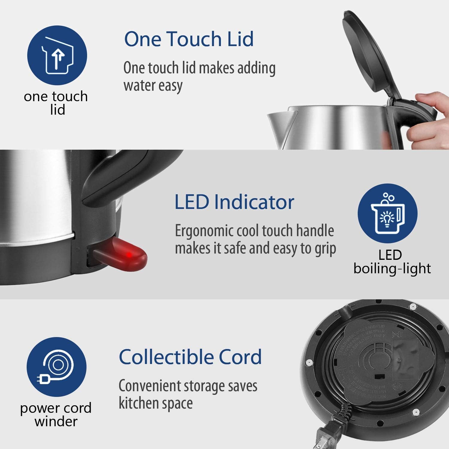 Comfee 1.7L Stainless Steel Electric Tea Kettle, BPA-Free Hot Water Boiler, Cordless with LED Light, Auto Shut-Off and Boil-Dry Protection, 1500W Fast Boil: Kitchen & Dining