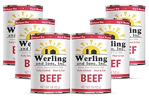 WERLING AND SONS, INC. Werling Meat Canned Beef 14.5 Oz – Fully Cooked, Heat & Eat | Shelf Stable Canned Meat for Pantry Staples, Everyday Meals, Camping, Hiking, Emergency & Survival | 5-Year Shelf Life | Pack of 6