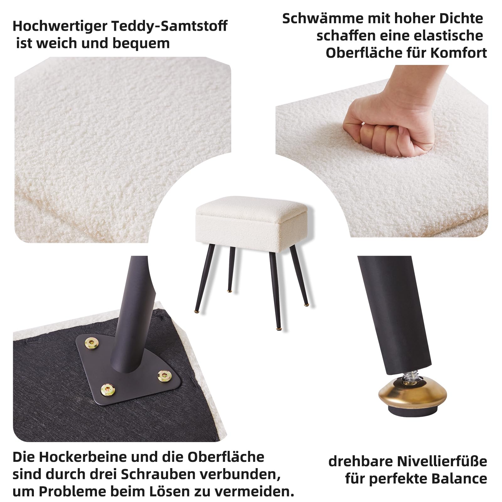 Aibiju Teddyfellimitat Hocker mit Stauraum, Rechteckiger Fußstützenstuhl Ottoman,Schminktischsitz, Kleiner Beistelltisch für Schminkzimmer, Schlafzimmer, Weiß YD-SMS137W 7