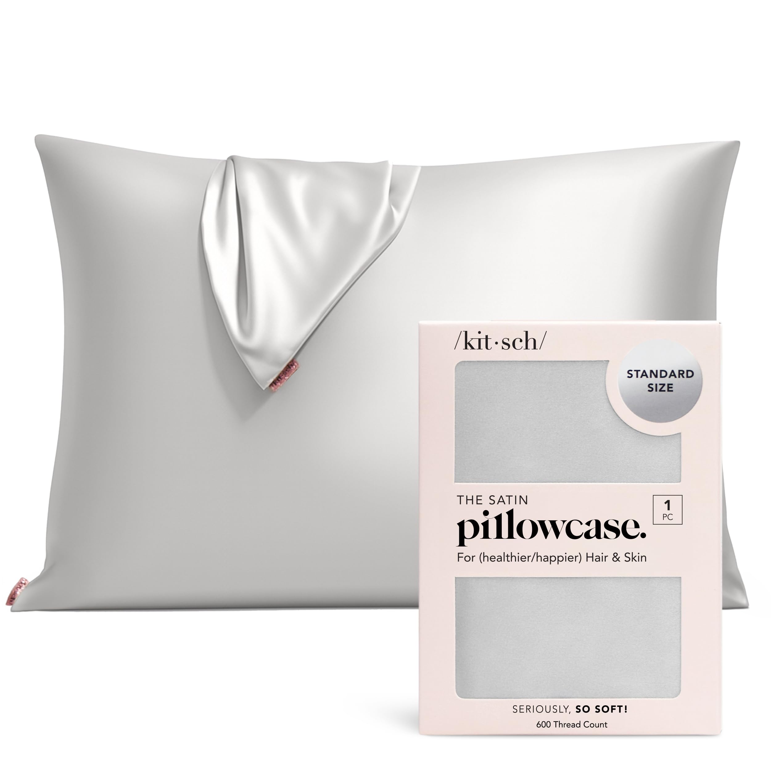 Kitsch Satin Pillowcase with Zipper for Hair & Skin - Softer Than Silk Pillow Cases, Smooth Cooling Satin Pillow Case, Wrinkle-Free, Machine Washable - Pillow Cases Standard Size 48x66 cm - Silver