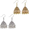 2 Pairs Indian Earrings for Women, Vintage Jhumkas Indian Earrings Gold Silver Indian Jhumka Earrings for Women Aluminium Alloy Gold Indian Bollywood Earrings Bell Earrings for Women