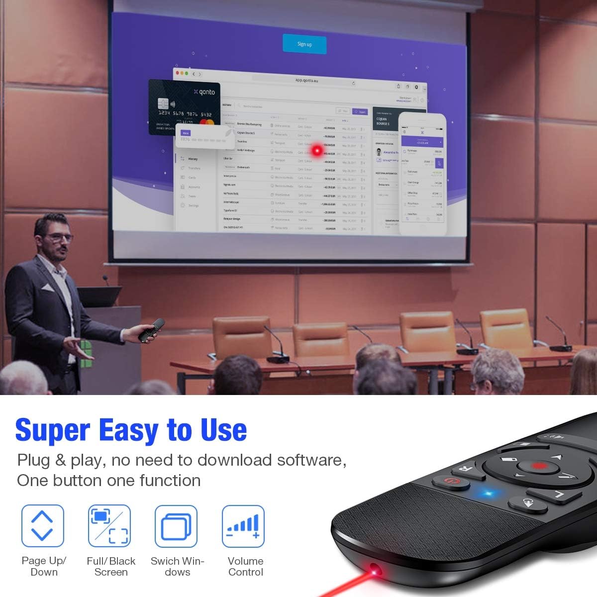 DinoFire Presentation Clicker Air Mouse Function Wireless Presenter USB Powerpoint Clicker, RF 2.4 GHz Presentation Remote Control Clicker for powerpoint presentations Support Mac, Laptop, Computer: Home Audio & Theater