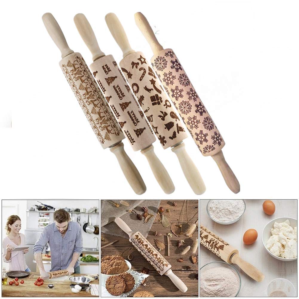 Christmas Engraved Designs Rolling Pin Personalized Wooden Rolling Pins, Embossing Wooden 3D Rolling Pins for Baking Cookies (14in 4pack)