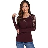AmélieBoutik Women Floral Lace Inset Lace Up Ribbed Long Sleeve Knit Top