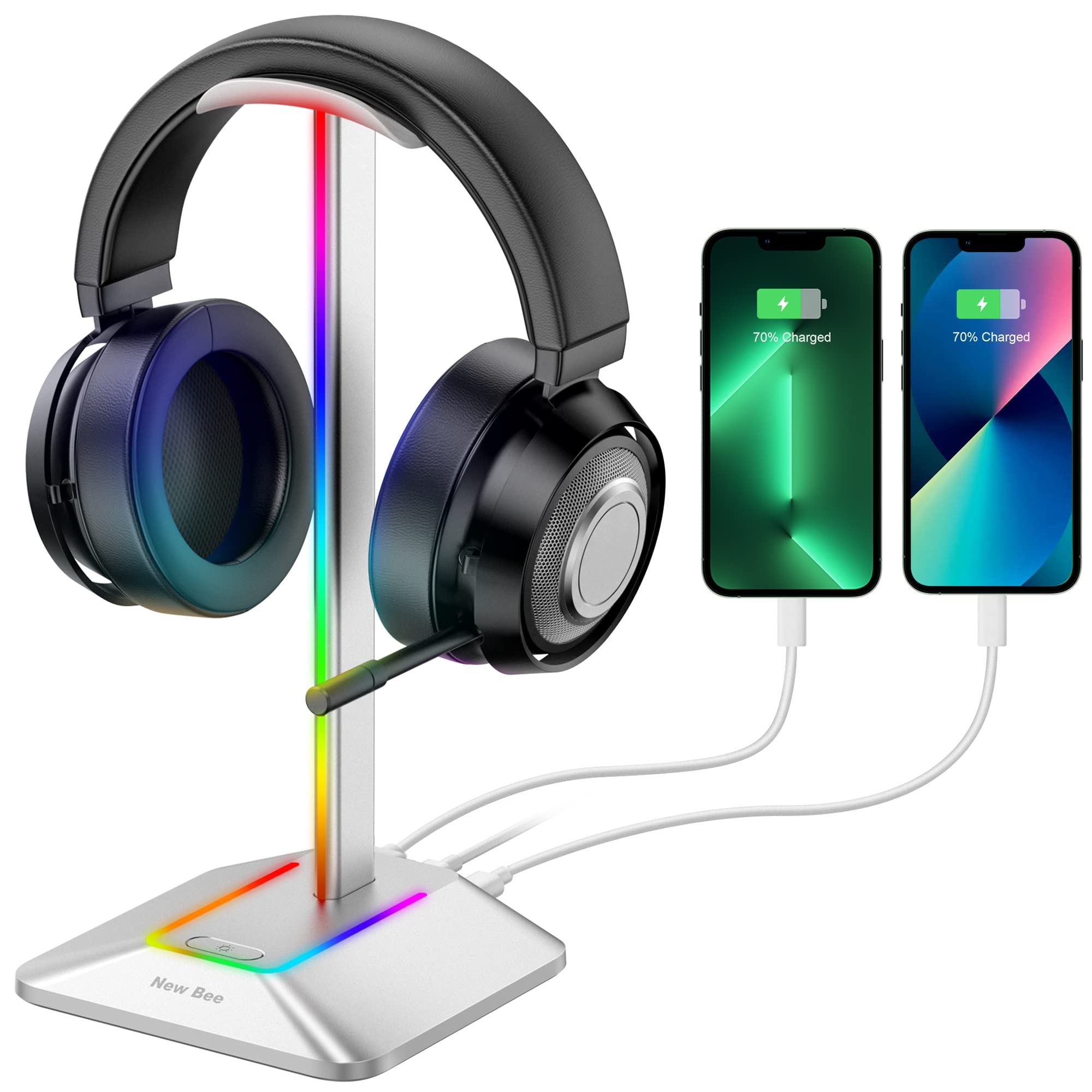 New Bee Headphone Stand RGB Headset Holder with 1 USB-C Charging Port and 1 USB Charging Port, Headset Stand Gaming with 7 Light Modes Suitable for All Earphone Accessories (Silvery)