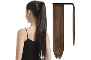 BARSDAR Straight Ponytail Extension - 26 Inch Long Straight Wrap Around Ponytail for Women Clip in Ponytail Hair Extensions Synthetic Brown Hair Pony Tails Hairpieces Daily - Dark Brown & Auburn