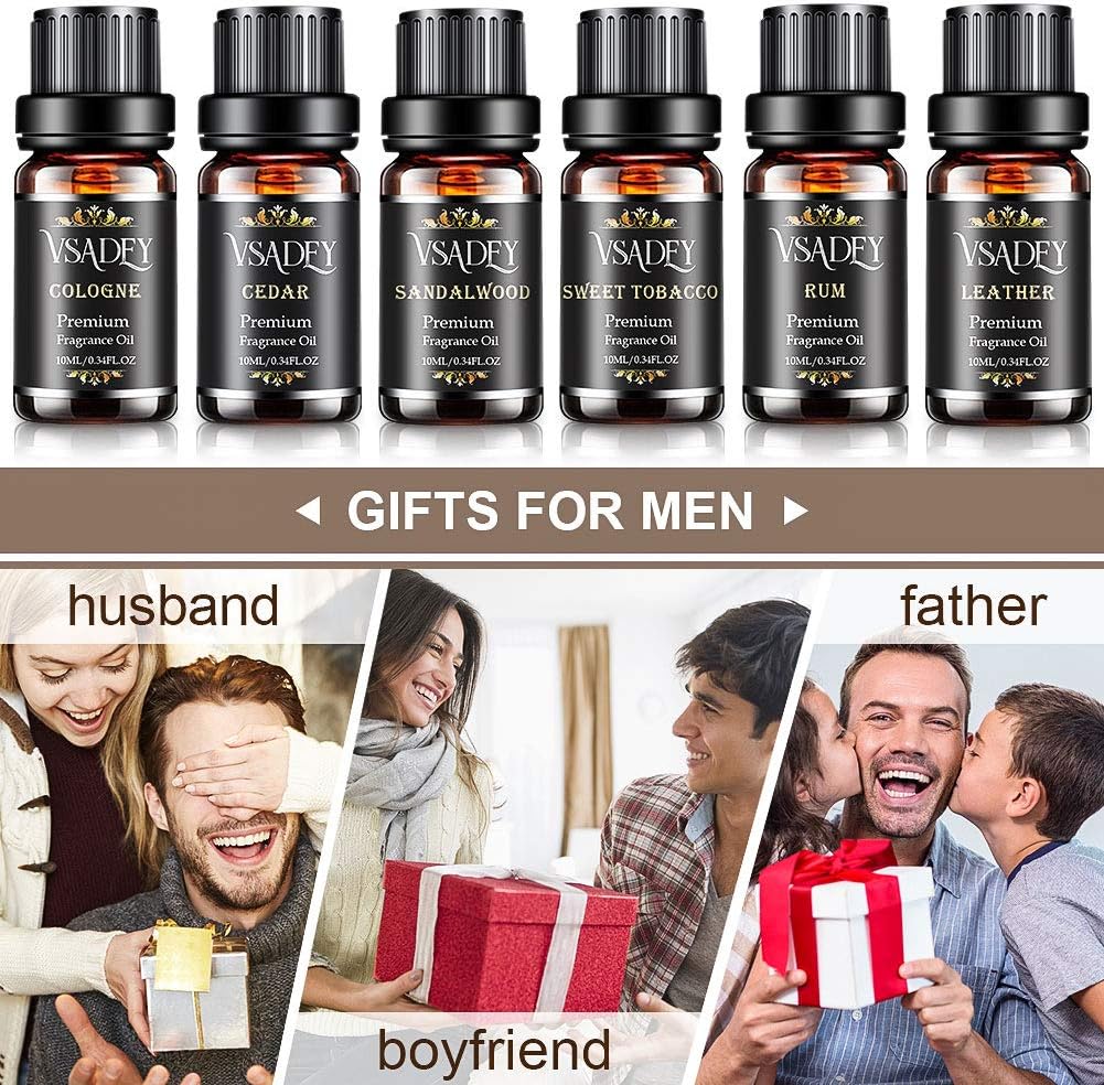 Gentleman's Essential Oils Set, Vsadey 6 X 10ML Aromatherapy Essential Oil Kit, Pure Natural Essential Oils for Diffuser (Cedar, Sandalwood, Leather, Sweet Tobacco, Bay Rum, Cologne) - Gift for Men: Health & Personal Care