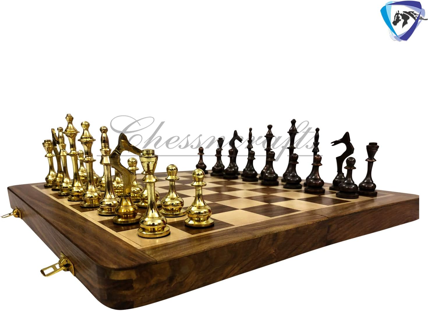 CHESSNCRAFTS Brass Chess Set Slim with 14" Folding Wooden Chess Board with Storage.,for 5+ years