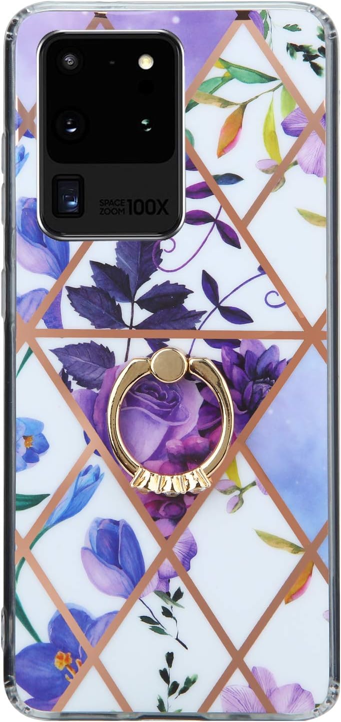 Galaxy S20 Ultra Case for Girls Women,Purple Floral Marble Design Glossy Slim Fit Shock Proof Soft TPU Full Body Protective Cover Case with 360 Degree Rotating Ring for Samsung Galaxy S20 Ultra
