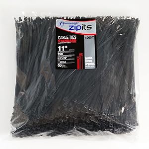 Cambridge Zipits Multi-Purpose Cable Ties 11 Inch 75 Lbs 1000 Pcs, Standard Duty, UV Black