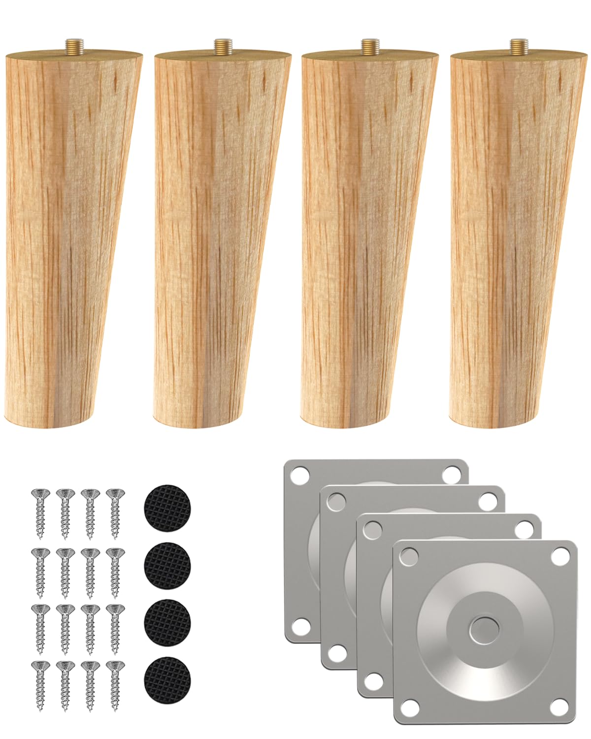 ROFMAPLE Wood Furniture Legs, 15cm Solid Wood Cabinet Legs 4 Pack Wooden Round Couch Table Sofa Replacement Legs with Rubber Protection Pad, Mounting Plates & Screws (Slant)