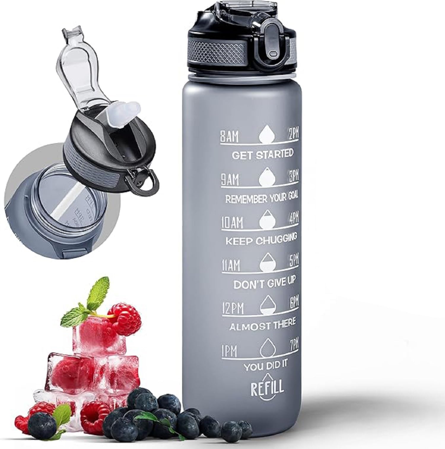 Active 100 1L Water Bottle with Straw, Motivational Time Marking | Dishwasher Safe | Leak-Proof | BPA-Free Drinks Bottle for Fitness, Work, Travel & Outdoor Use