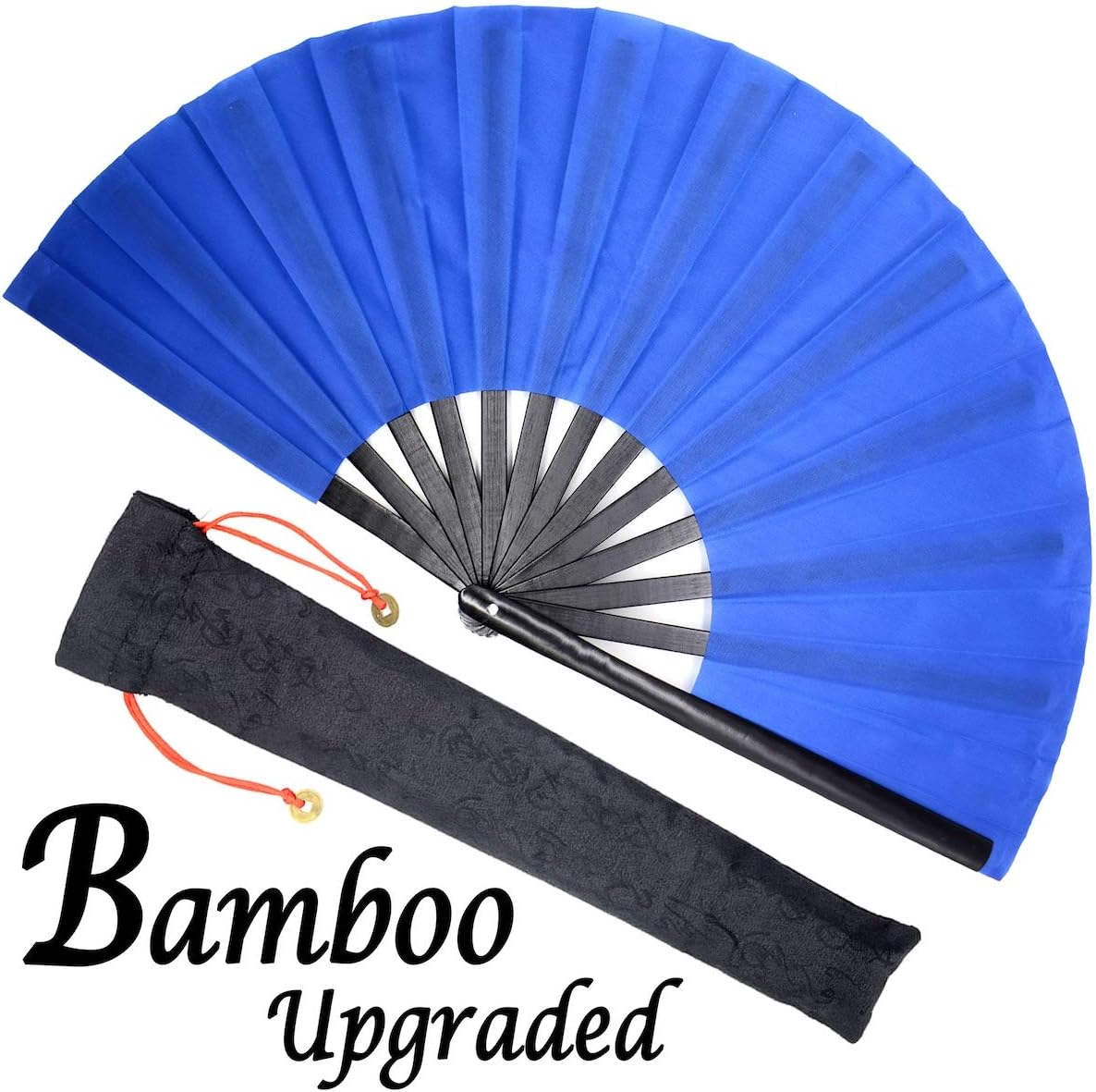 OMyTea Bamboo Large Rave Festival Folding Hand Fan for Men/Women - Chinese Japanese Solid Color Kung Fu Tai Chi Handheld Fan with Fabric Case - for Performance, Decorations, Dancing, Gift (Blue)