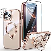 [Tri-Shield Protection] for iPhone 16 Pro Case with 360° Spin Stand Compatible with MagSafe [Magnetic CD Ring] [Screen & Camera Lens Protector] Shockproof Plating Never-Yellowing, Desert Gold-6.3"
