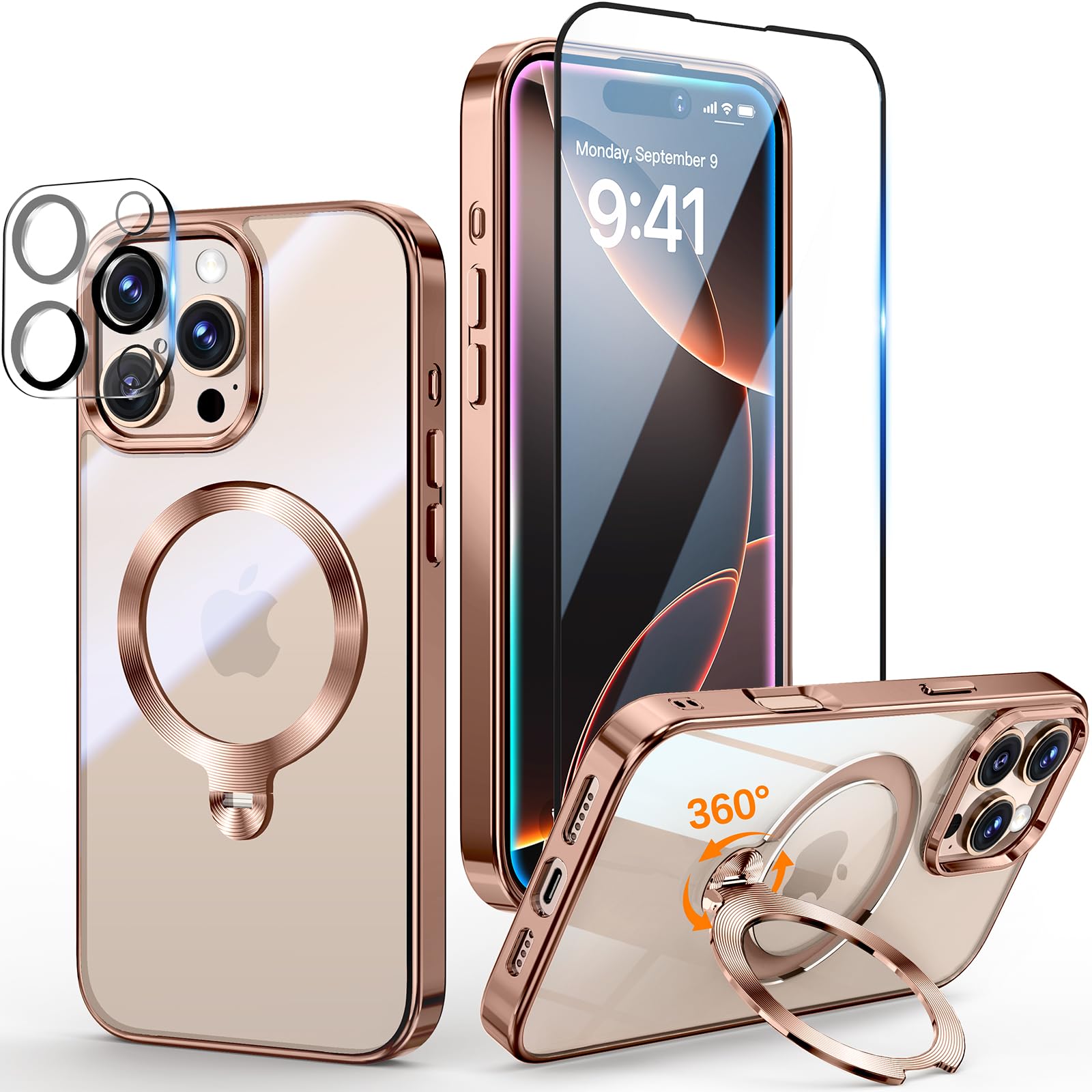Photo 1 of [Tri-Shield Protection] for iPhone 16 Pro Case with 360° Spin Stand Compatible with MagSafe [Magnetic CD Ring] [Screen & Camera Lens Protector] Shockproof Plating Never-Yellowing, Desert Gold-6.3"