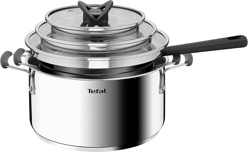 G7376S Opti'Space Topfset 6-teilig | Stielkasserolle 16 cm (inkl. Deckel) | Kochtöpfe 20/24 cm (inkl. Deckel) | Edelstahl | Thermo-Fusion-Boden | für alle Herdarten | Induktion | Grau