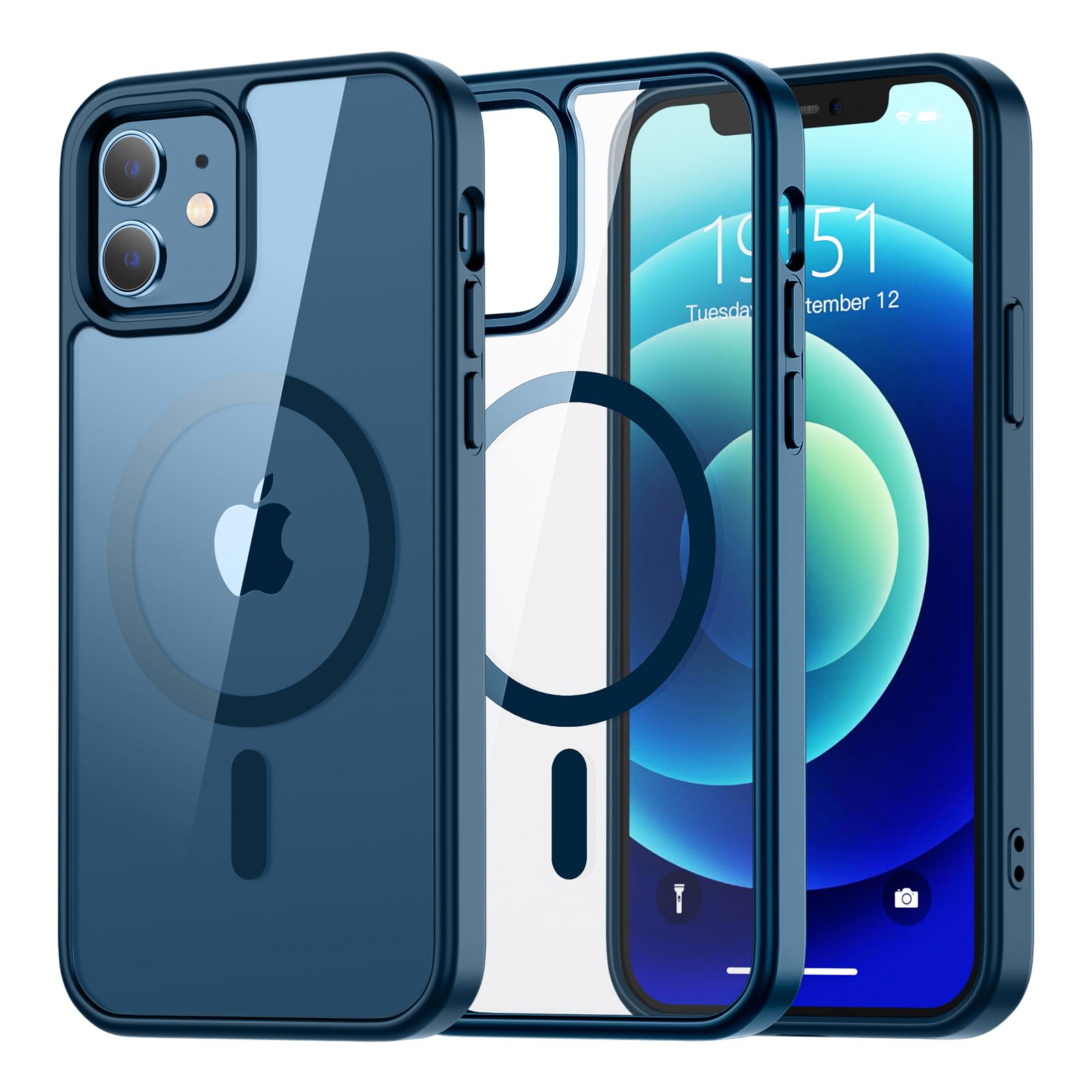 Photo 1 of SUPFINE Magnetic for iPhone 12 Case,iPhone 12 Pro case, [Compatible with MagSafe][Clear Hard Back with Soft TPU Bumper][12FT Military Grade Drop Protection] Shockproof Phone Case,Clear Navy Blue